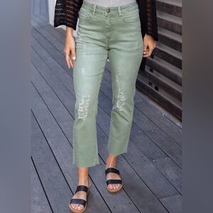 Grace & Lace Distressed Cropped Straight Leg Colored Denim in Dusty Olive